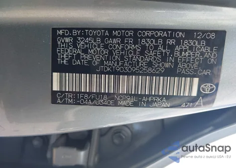 2009 Toyota Yaris из США, поврежденный, VIN JTDKT903095258629